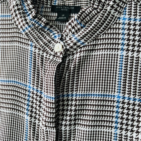 Ann Taylor Brown Blue Houndstooth Print Long Sleeve Button Up Top Large Petite - Picture 5 of 11